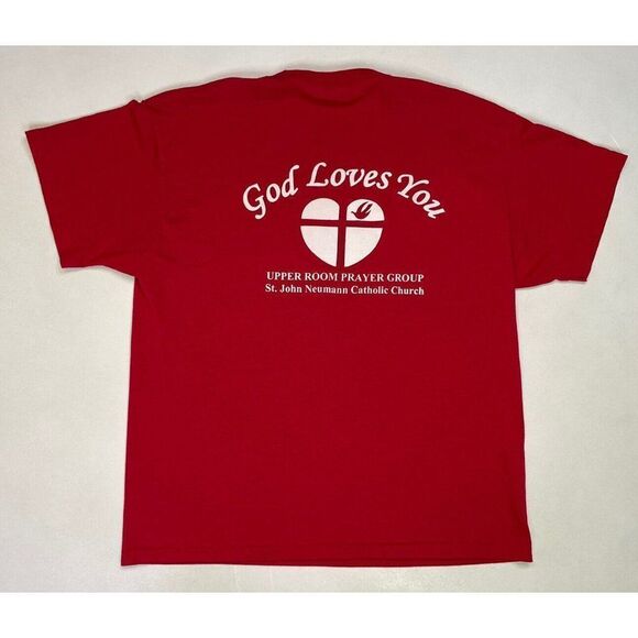 God Loves You St John Neumann Catholic Church Graphic T-shirt Men Large Red - Picture 1 of 6